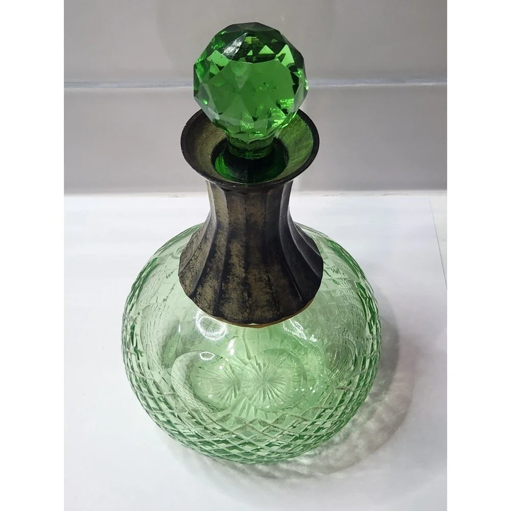 Vintage Small Green Decanter Cologne Bottle with Stopper Metal Collar Cut Glass